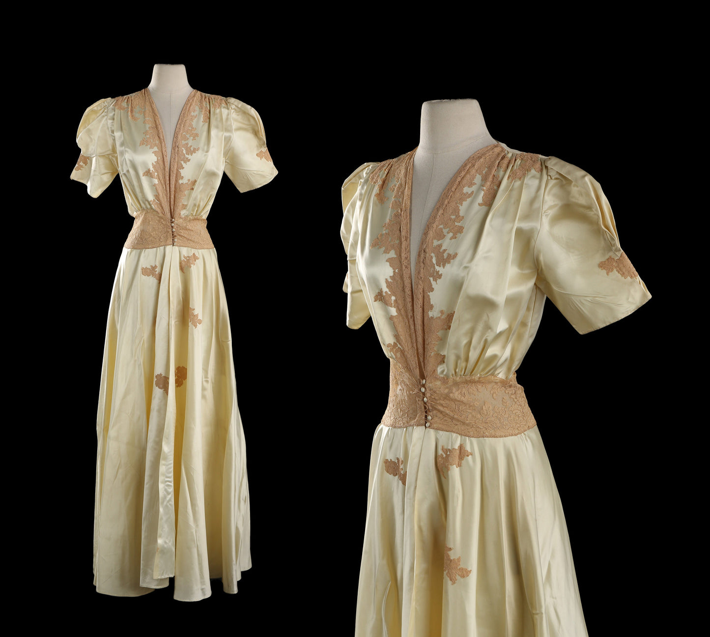 Vintage 1940s Yellow Nightgown Dress with Brown Lace Embroidered Details