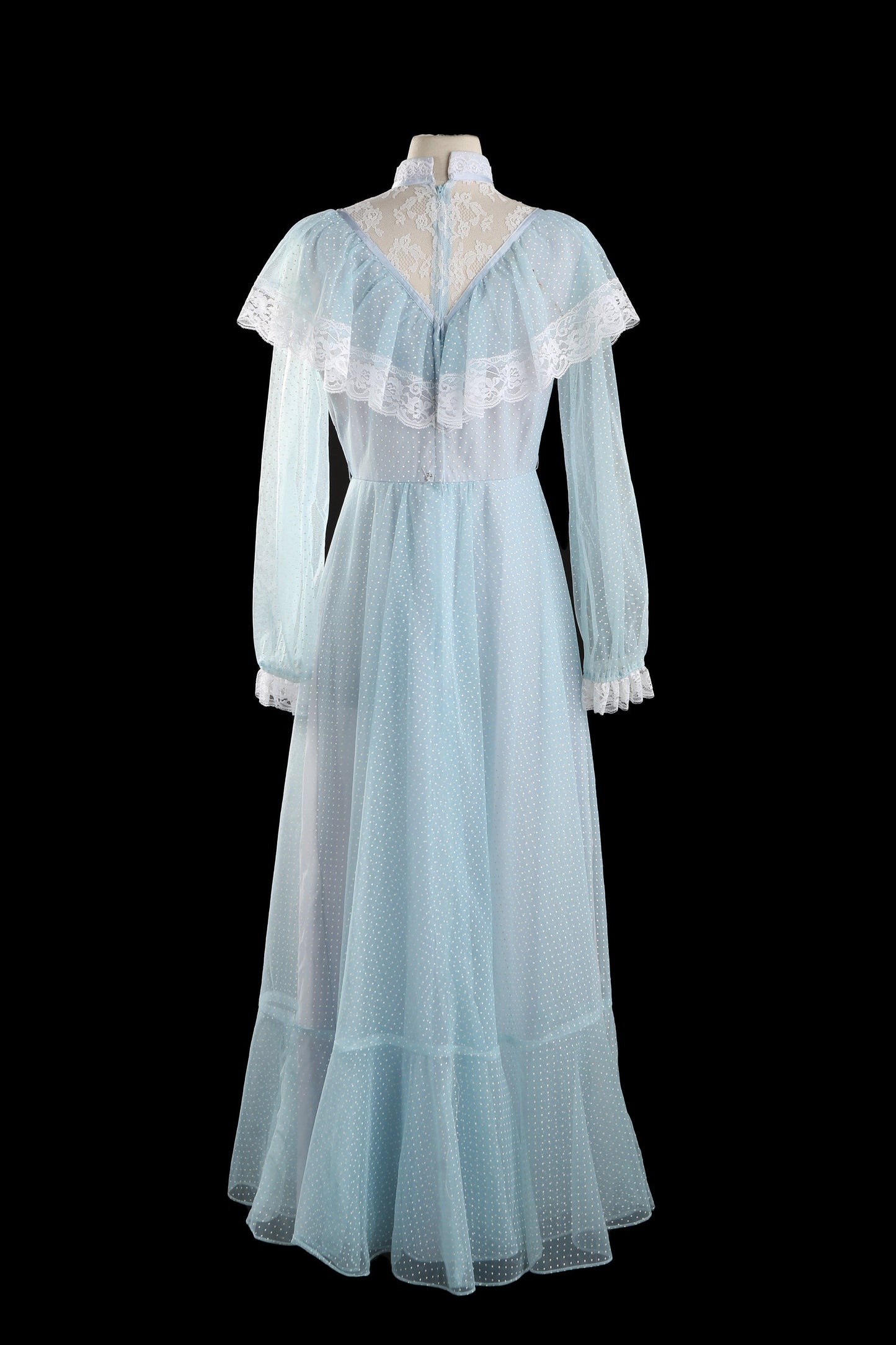 Vintage Women's White Polka Dot Blue Long Prairie Dress with Ruffled Lace Seam Chest Details