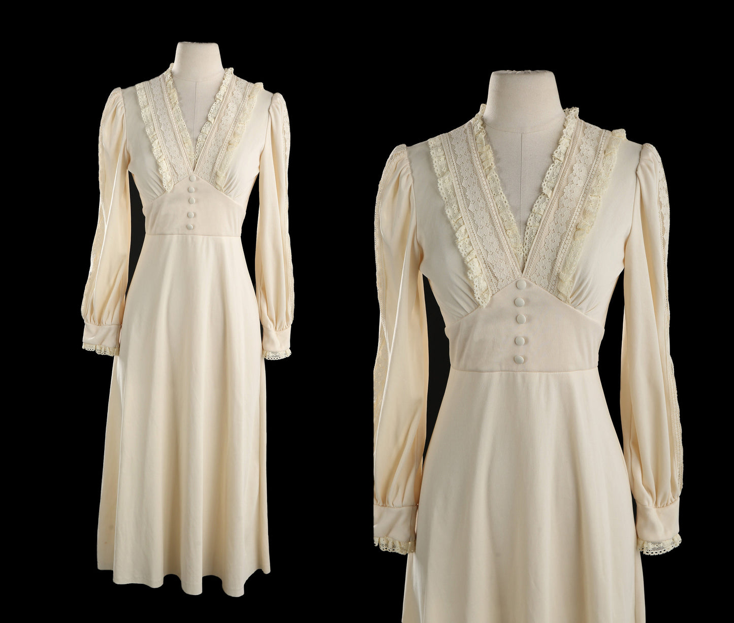 1970s Women Beige Casual Long Dress with Lace Collar Details