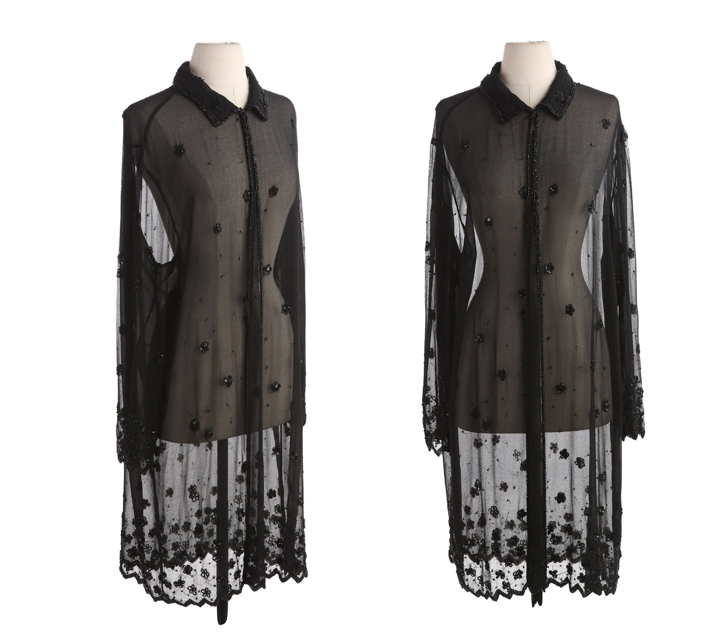 Vintage Women Long Sleeve Black Sheer Dress with Sequin Flower Design Details by JMD New York