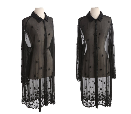 Vintage Women Long Sleeve Black Sheer Dress with Sequin Flower Design Details by JMD New York
