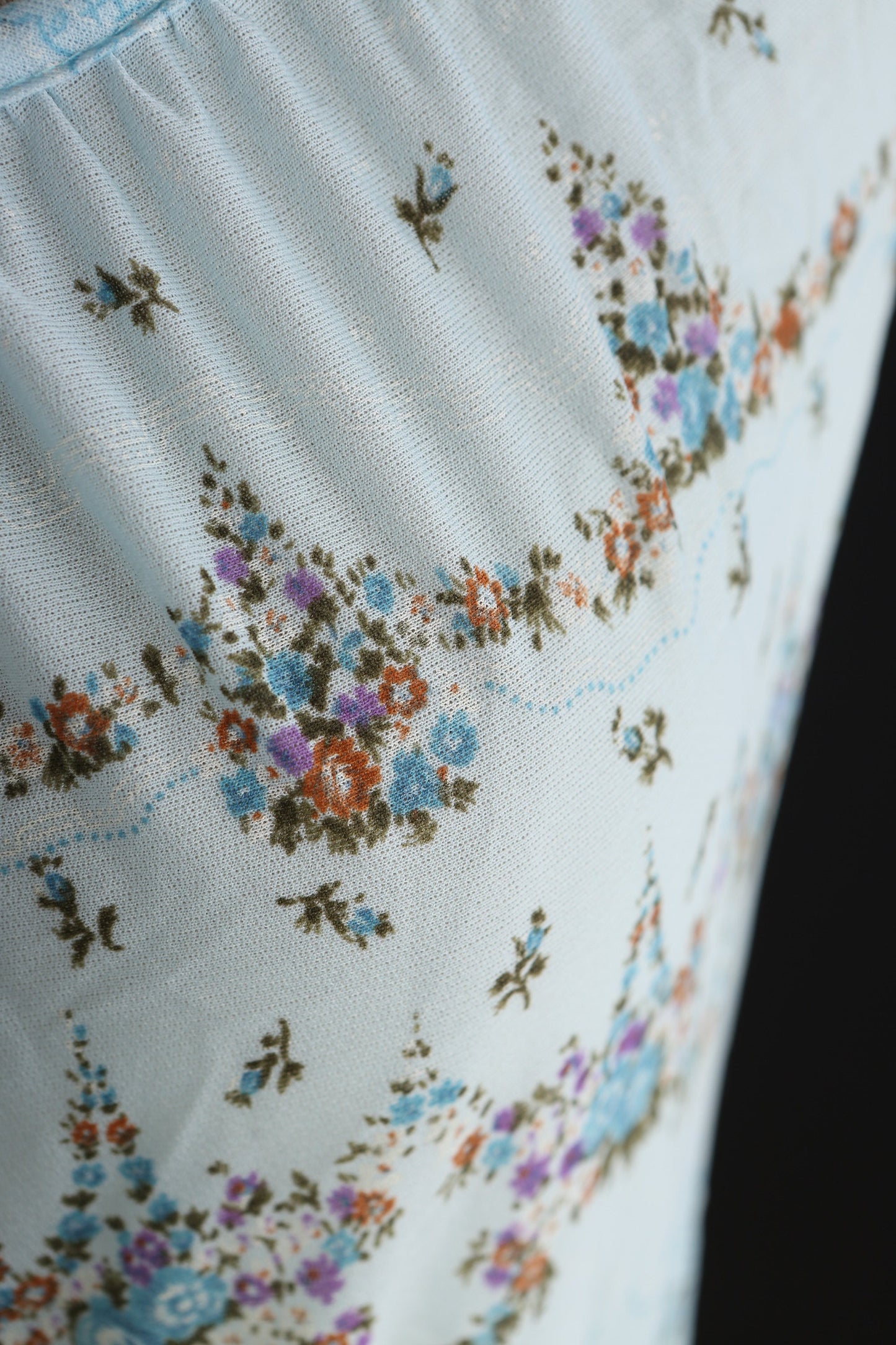 80s Women Blue Floral Print Polyester Sheer Dress