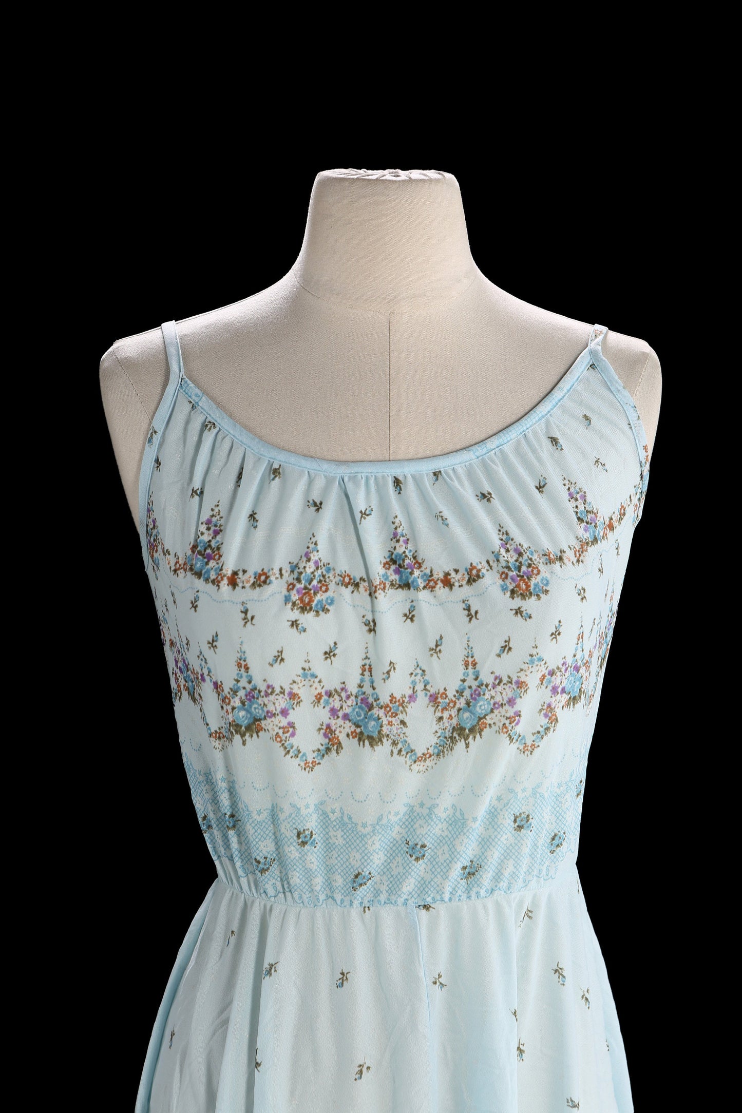 80s Women Blue Floral Print Polyester Sheer Dress