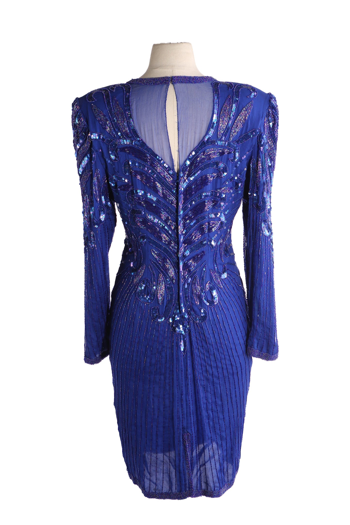 Vintage Women Blue Sequin Long Sleeve Evening Dress by Lauren Kagar
