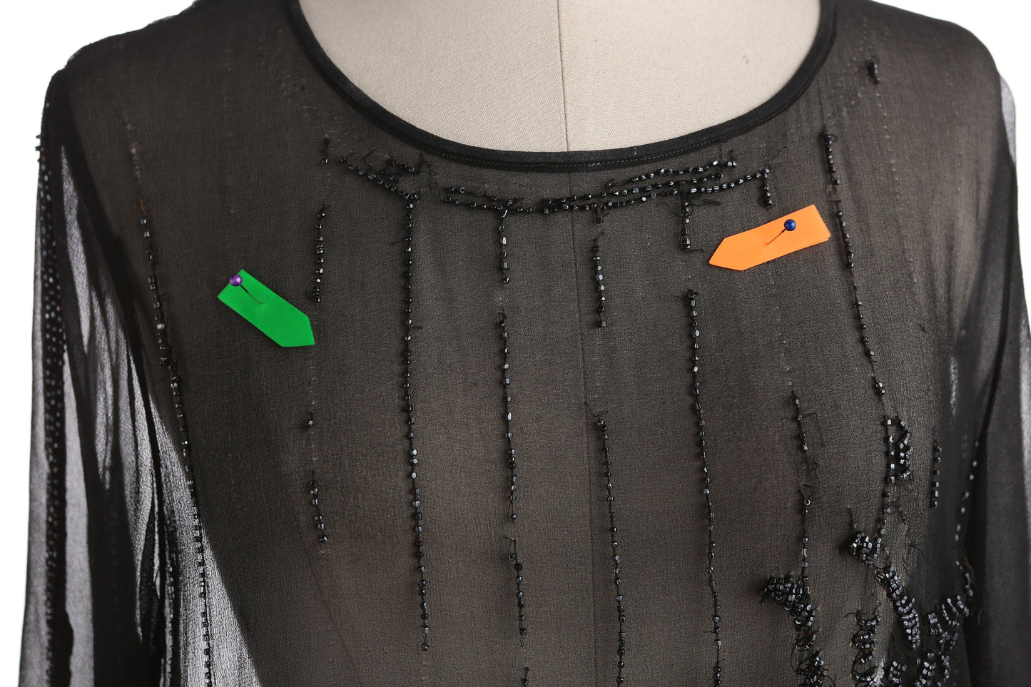 Vintage Black Sheer Dress with Stone Details - Estimated Era 30s - 40s