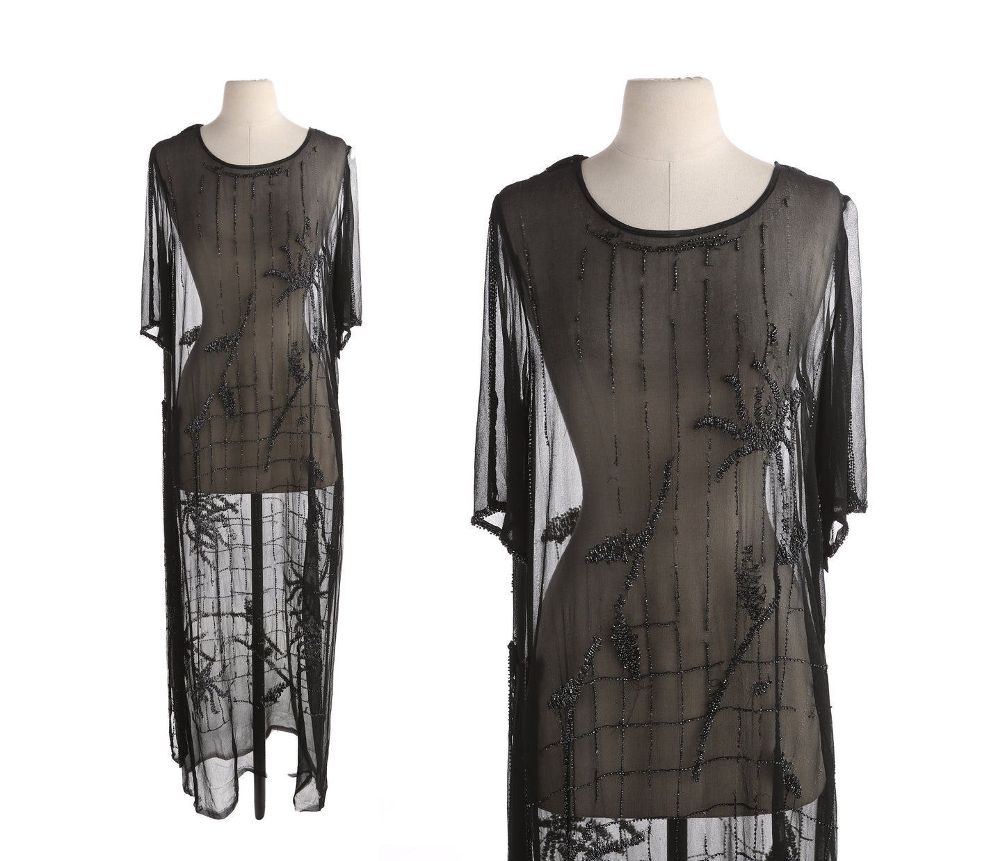 Vintage Black Sheer Dress with Stone Details - Estimated Era 30s - 40s