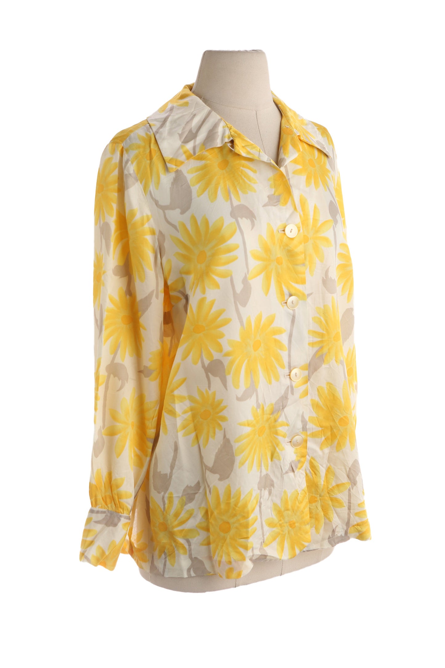 70s Women Yellow Floral Print White Blouse