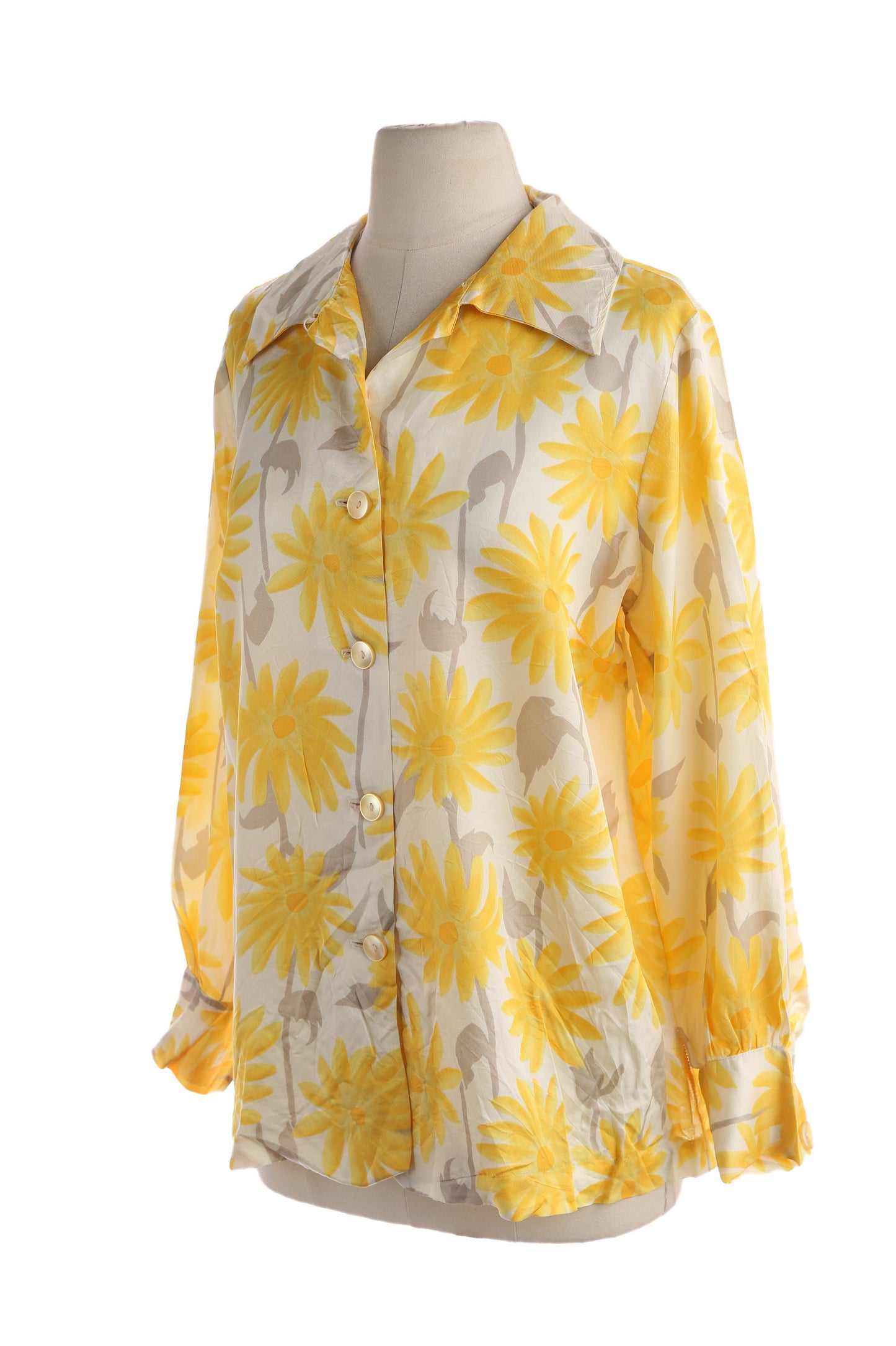 70s Women Yellow Floral Print White Blouse