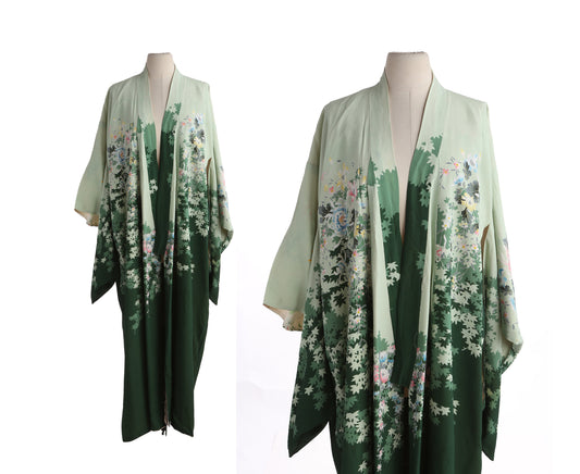 Vintage Flora Print Green Kimono Robe