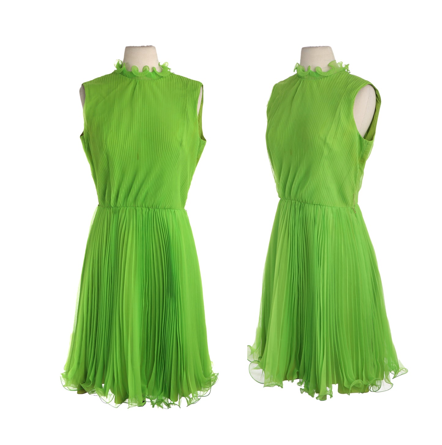 1970s Women Green Pleated Sleeveless Evening Dress