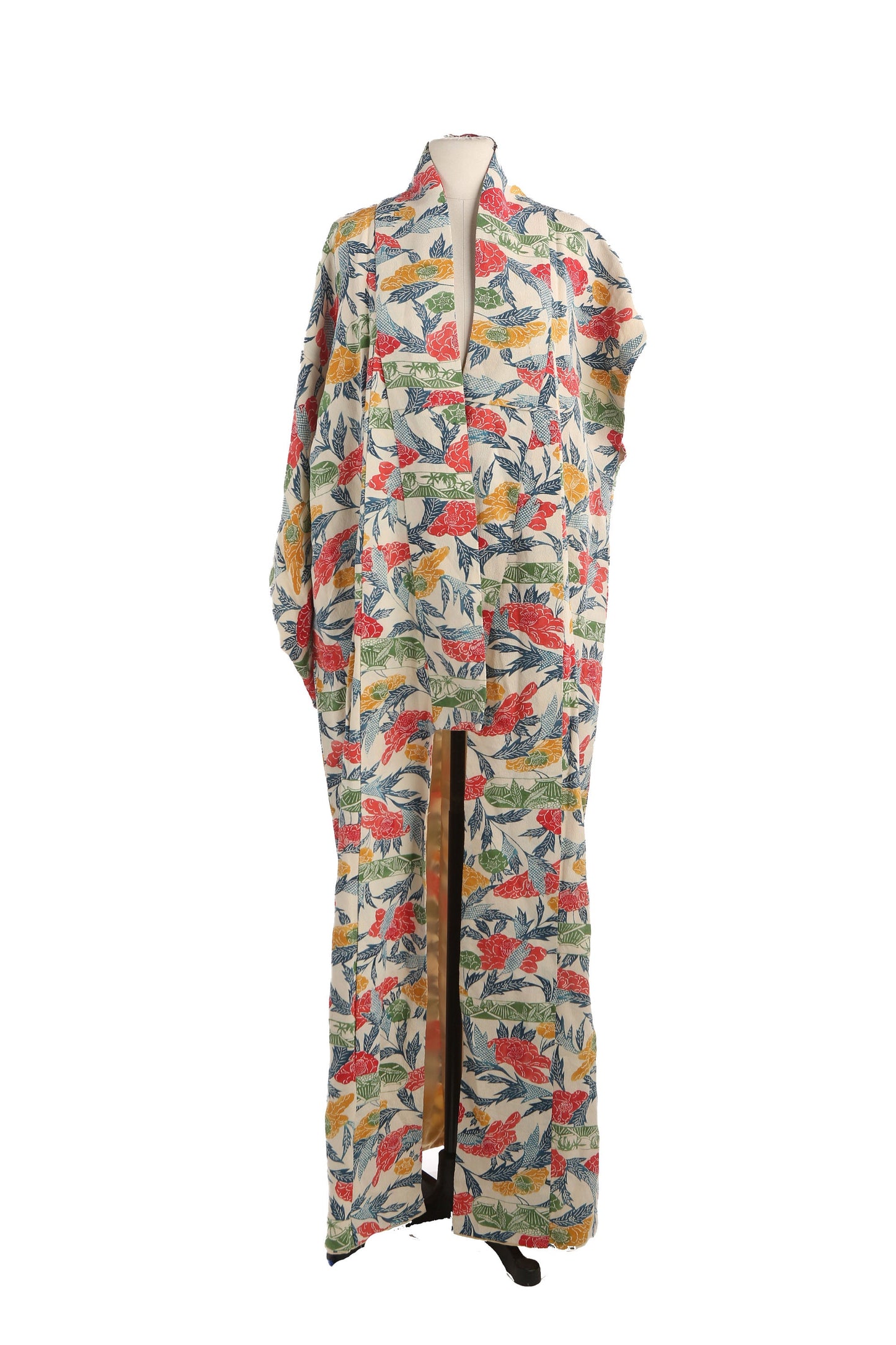 Vintage Kimono Robe / Leaves Pattern Print Fabric