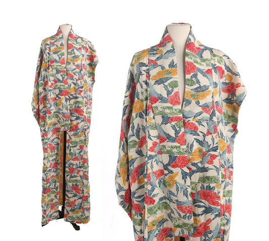 Vintage Kimono Robe / Leaves Pattern Print Fabric
