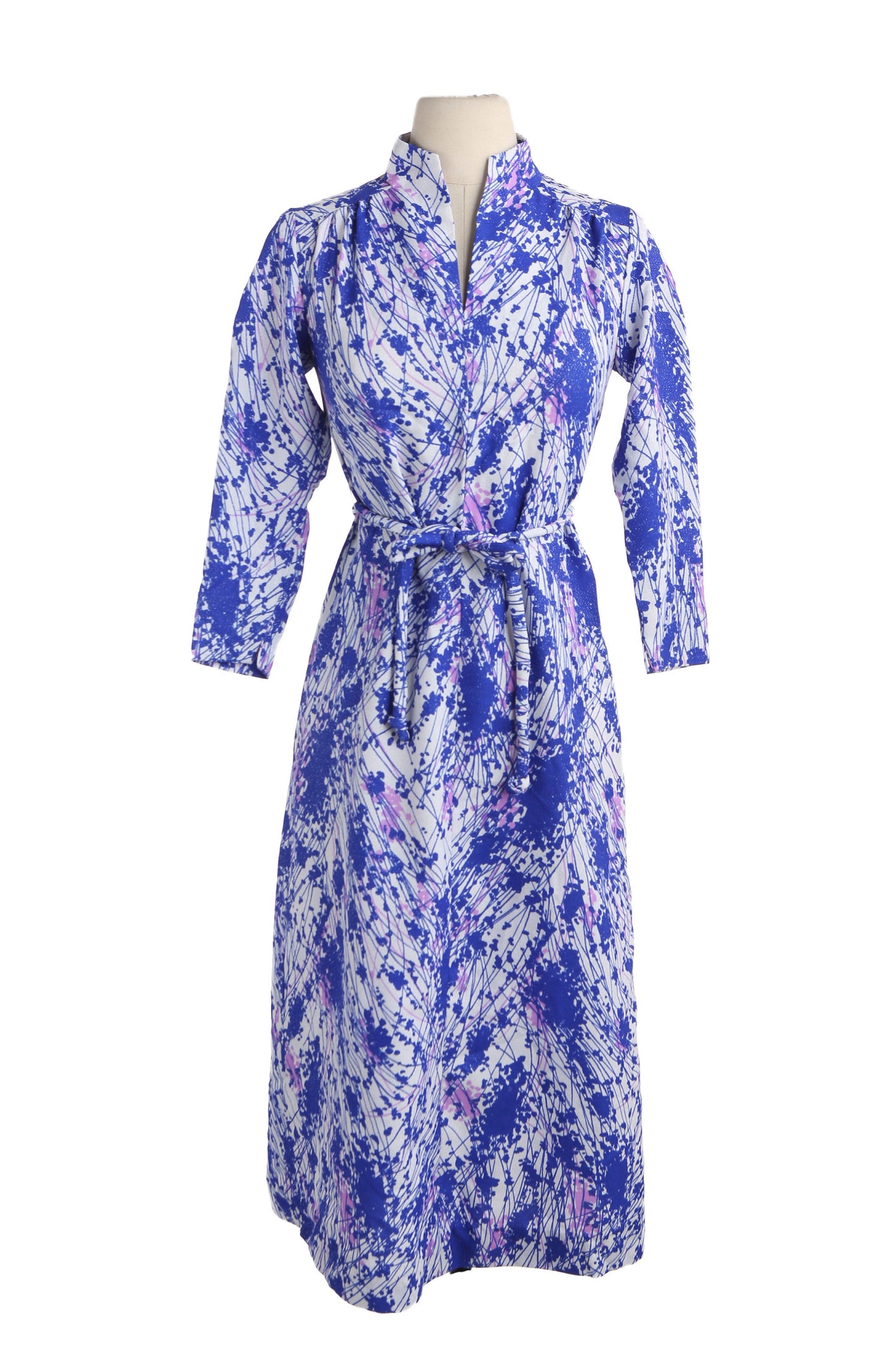 70s Blue and White Abstract Print Polyester Dress