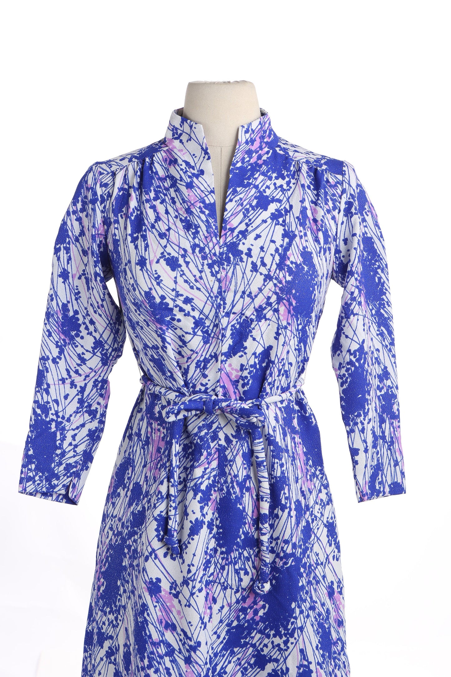 70s Blue and White Abstract Print Polyester Dress