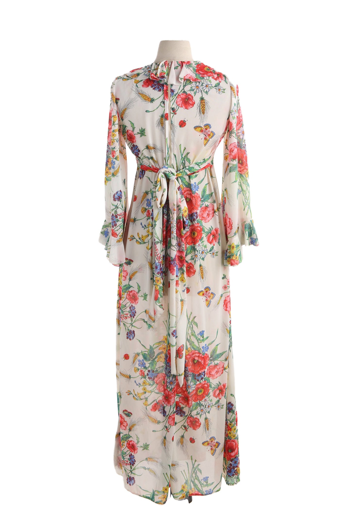 70s Women Floral Print Beige Long Fit and Flare Summer Dress