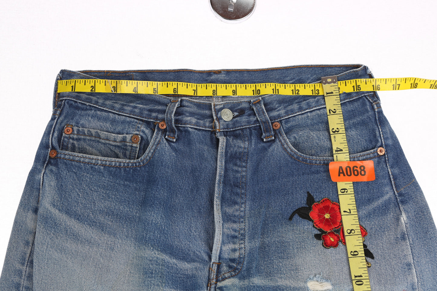 501 Levi's Jeans - Blue Medium Denim Wash - with Rose Patches - Distressed