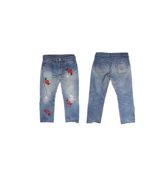 501 Levi's Jeans - Blue Medium Denim Wash - with Rose Patches - Distressed