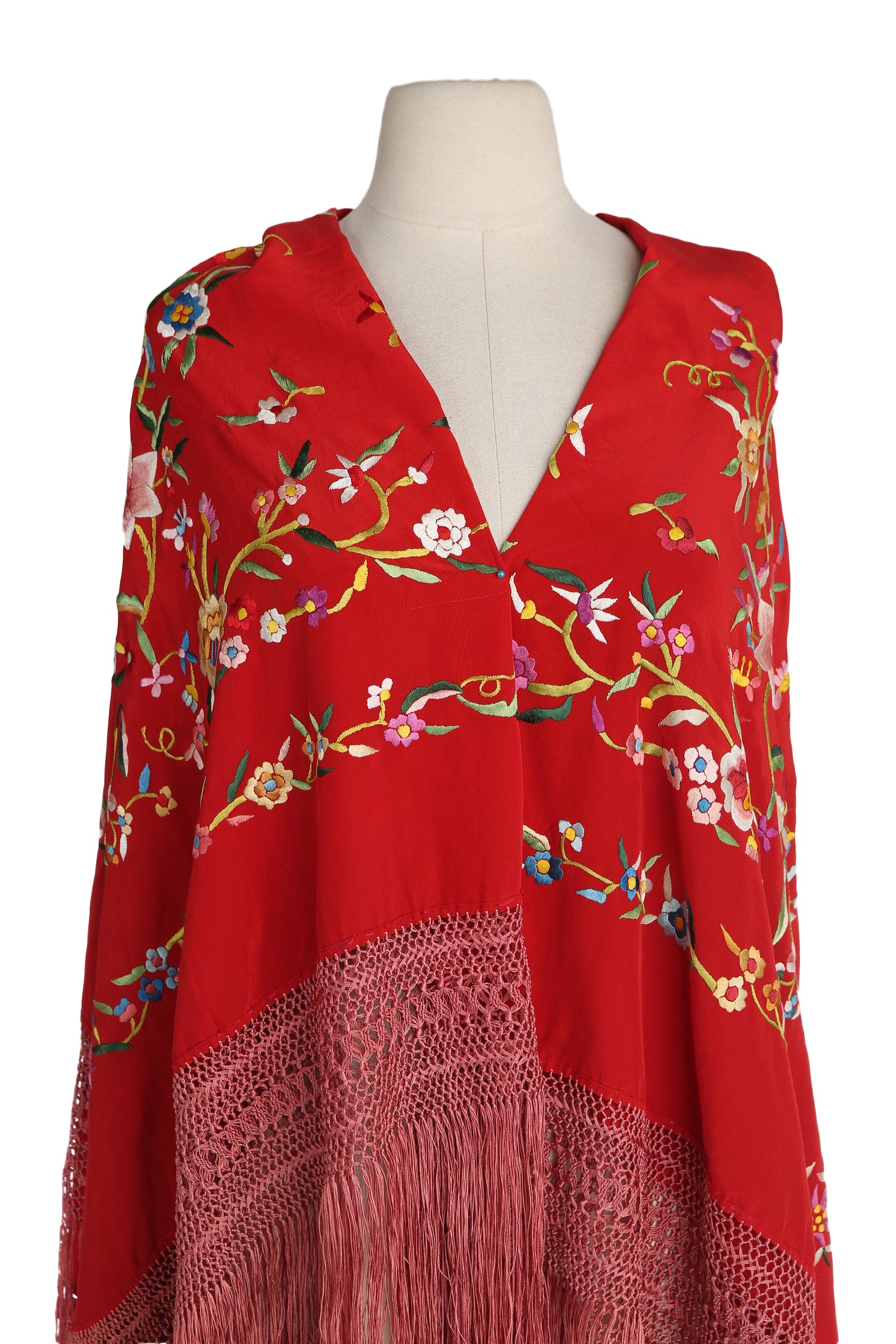 Vintage Red Floral Embroidered Shawl