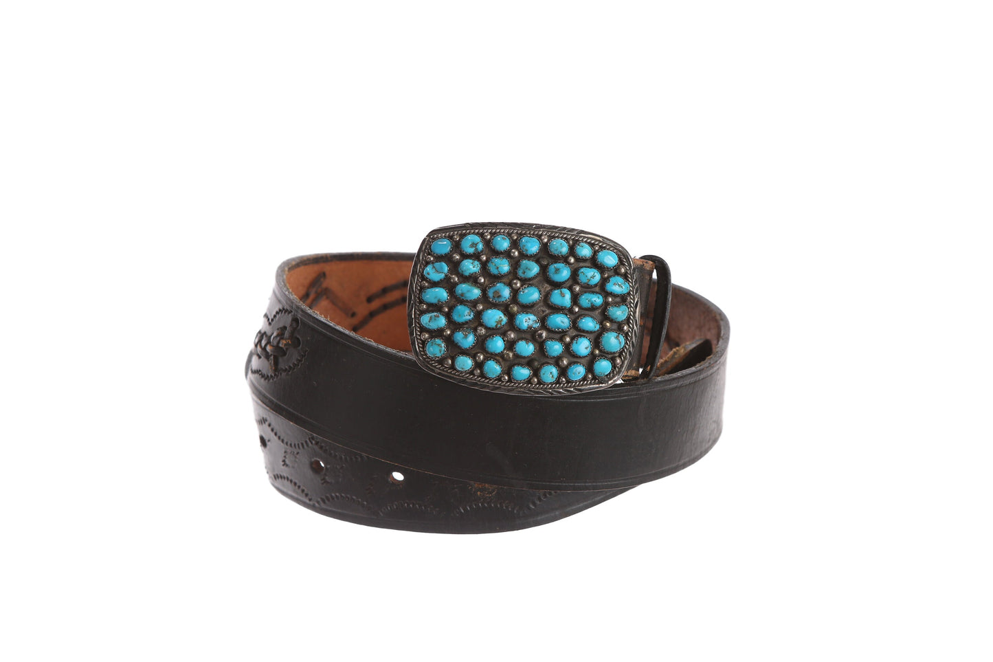 Vintage Black Leather Belt with Blue Stones Belt Buckle