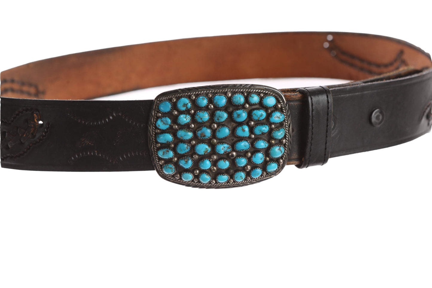 Vintage Black Leather Belt with Blue Stones Belt Buckle