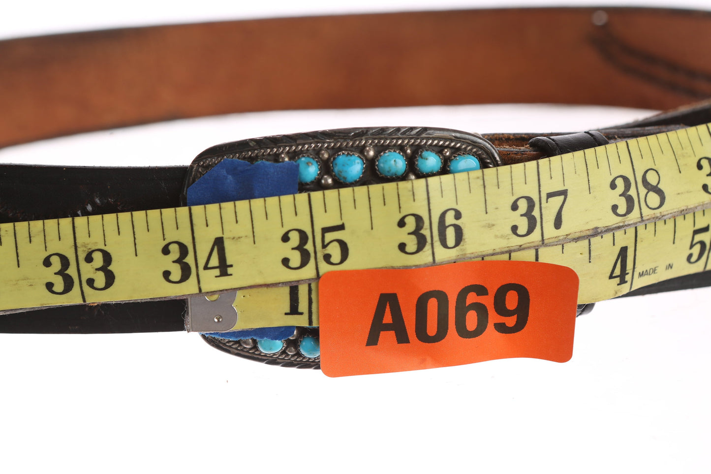 Vintage Black Leather Belt with Blue Stones Belt Buckle