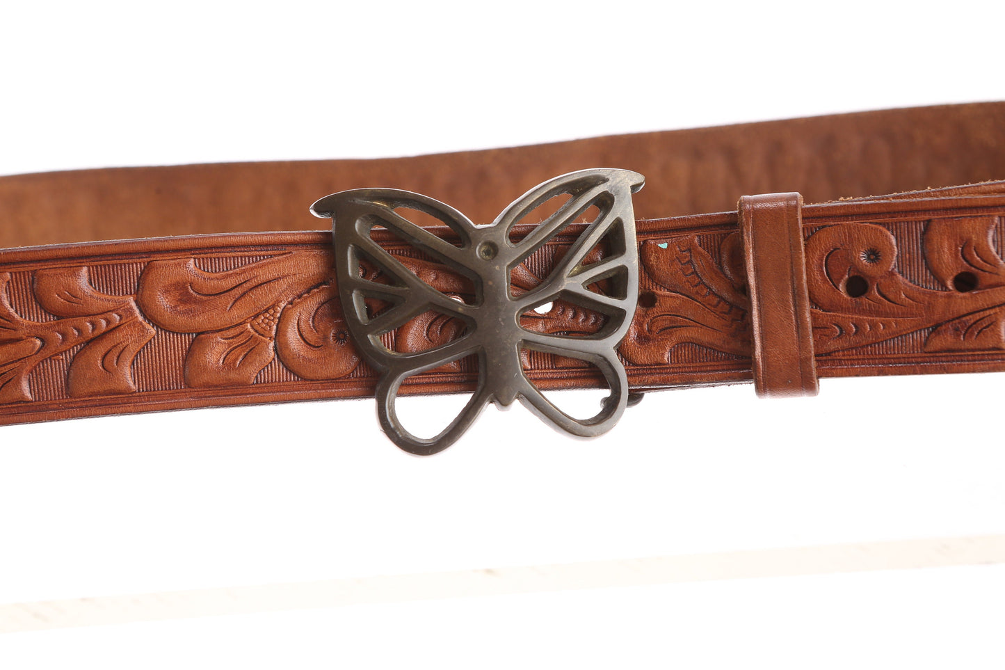 Vintage Tooled Leather Belt with Steel Butterfly Buckle and Camp Pupukea Hawaii Engraved Words