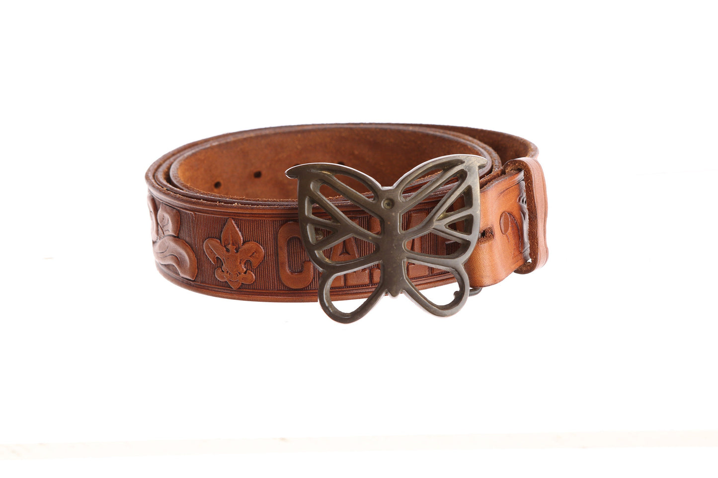 Vintage Tooled Leather Belt with Steel Butterfly Buckle and Camp Pupukea Hawaii Engraved Words