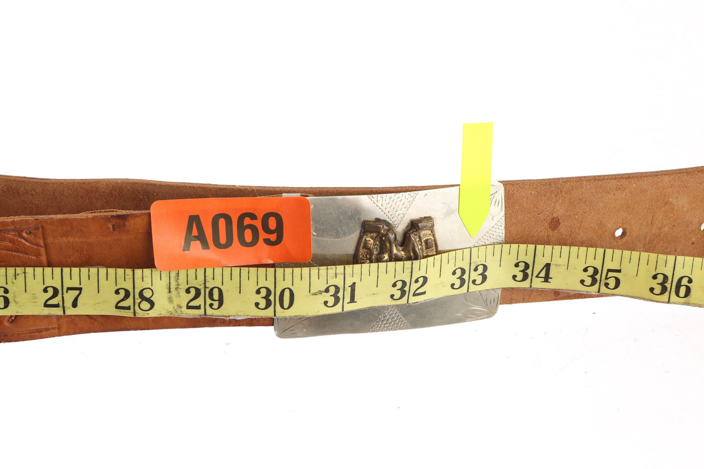 Vintage Tooled Western Leather Belt with Horseshoe Design Steel Bel Buckle