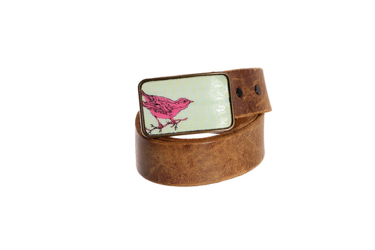 Vintage Leather Belt with Pink Little Bird Buckle