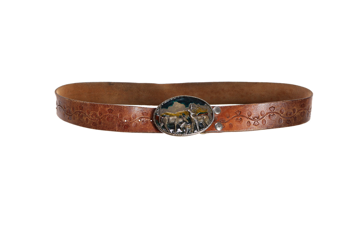 Vintage Tooled Leather Belt with Deer Belt Buckle