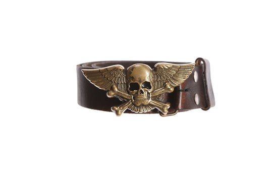 Brown Leather Bell with Winged Skull Belt Buckle