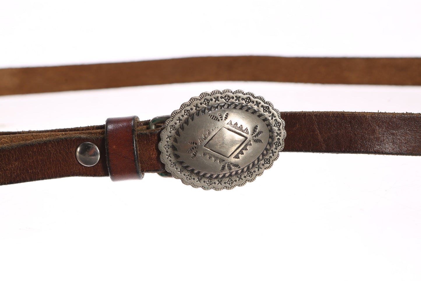 Vintage Brown Leather Belt with Steel Concho Belt Buckle