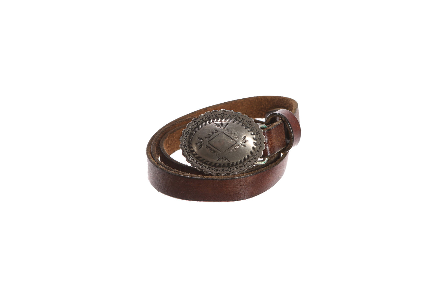 Vintage Brown Leather Belt with Steel Concho Belt Buckle