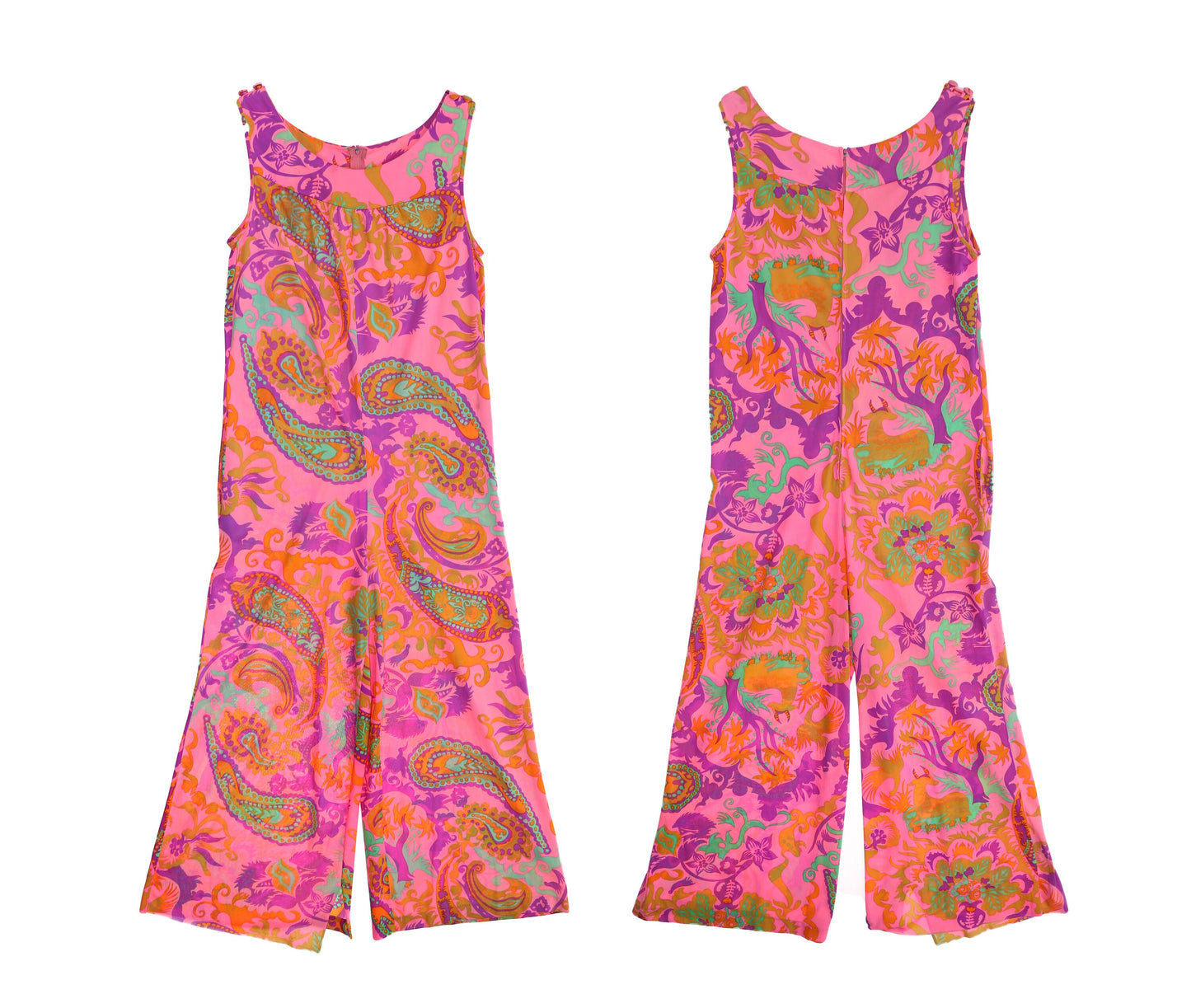 70S Women Pink Paisley Polyester Jumpsuit