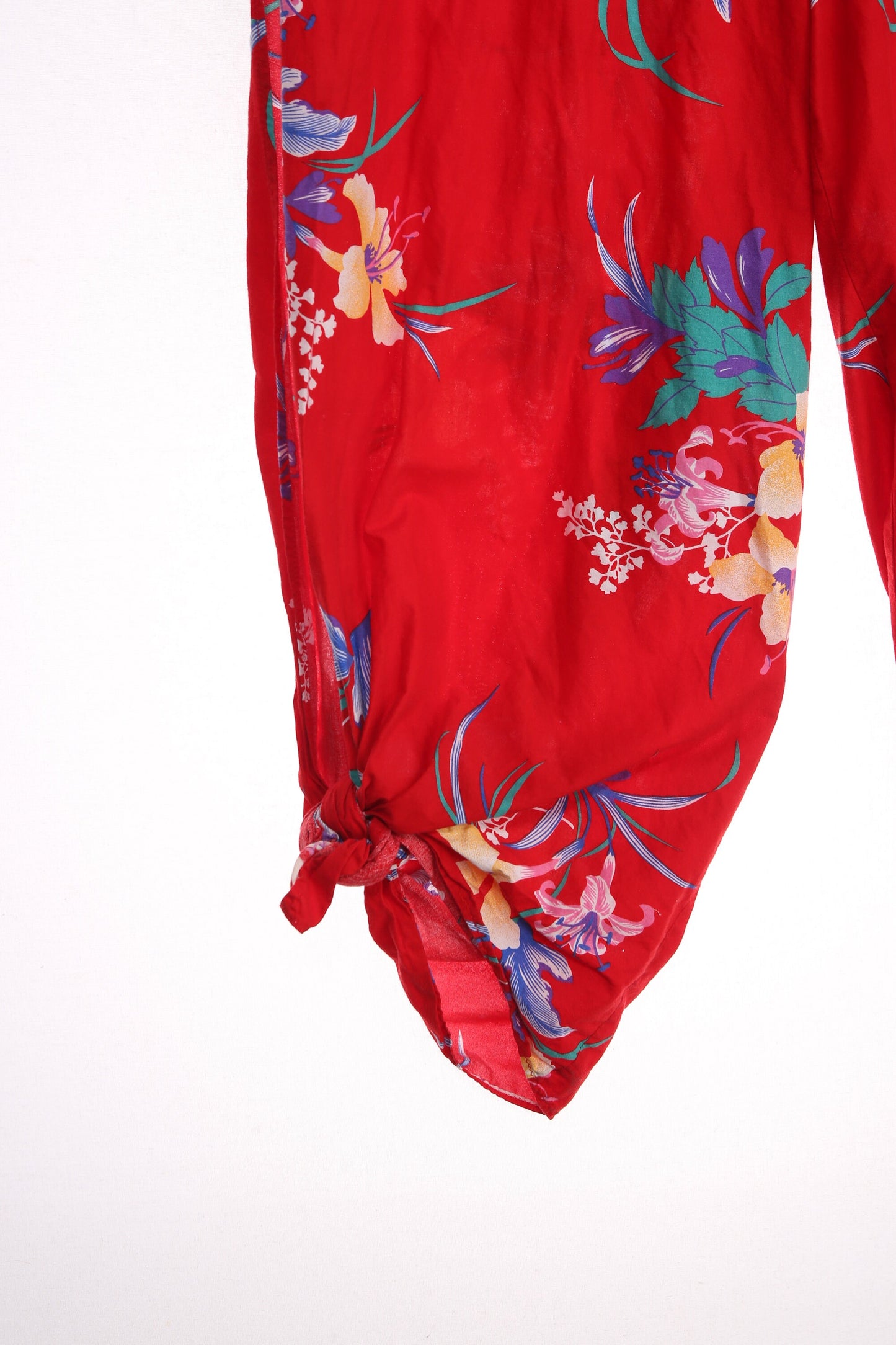 Vintage Women's Red Floral Print Halter Jumpsuit with Side Tie Closures - Estimated Era 70s - 80s