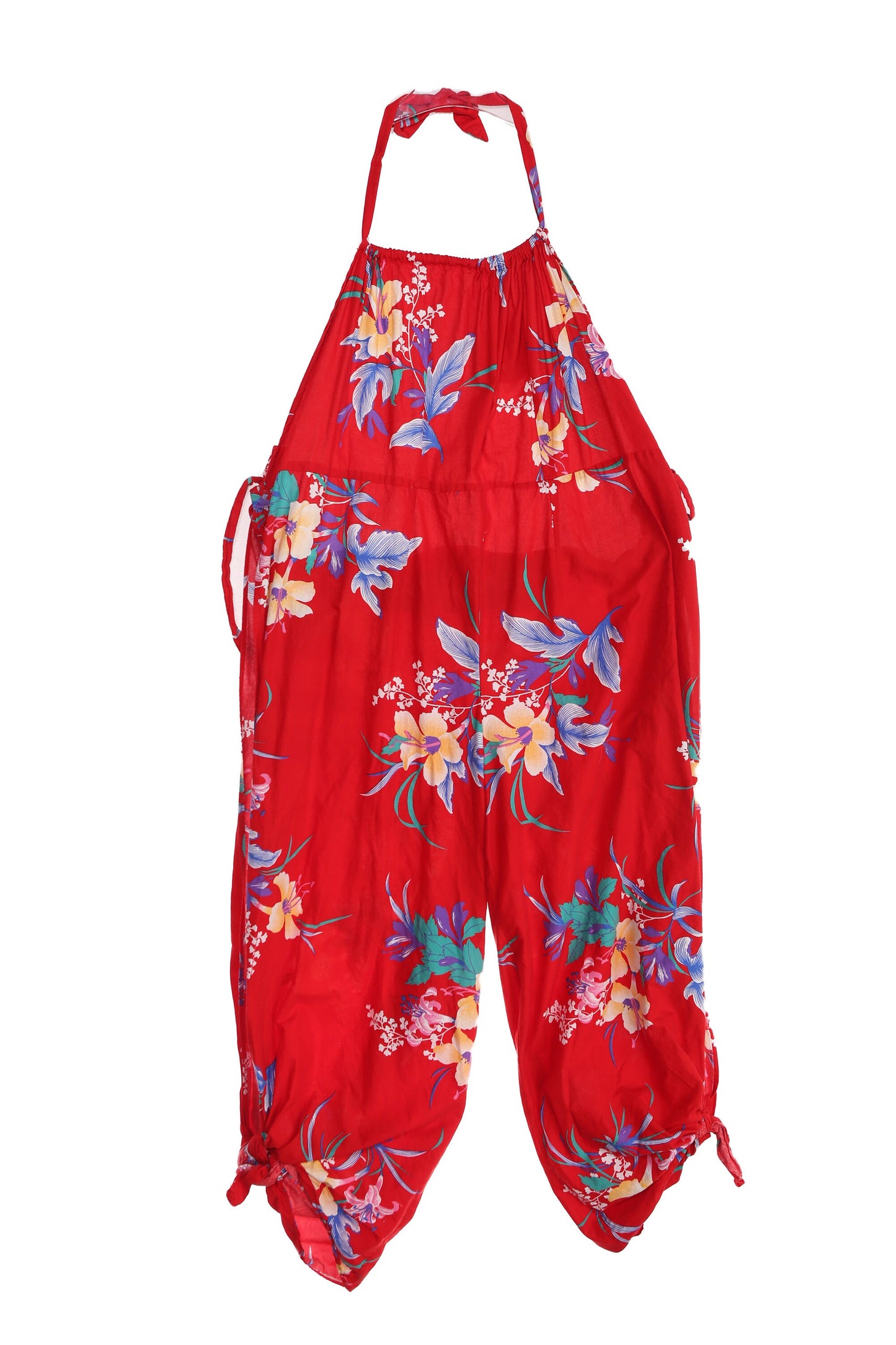 Vintage Women's Red Floral Print Halter Jumpsuit with Side Tie Closures - Estimated Era 70s - 80s