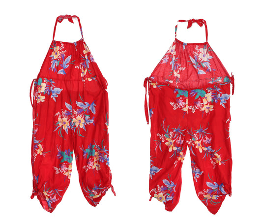 Vintage Women's Red Floral Print Halter Jumpsuit with Side Tie Closures - Estimated Era 70s - 80s