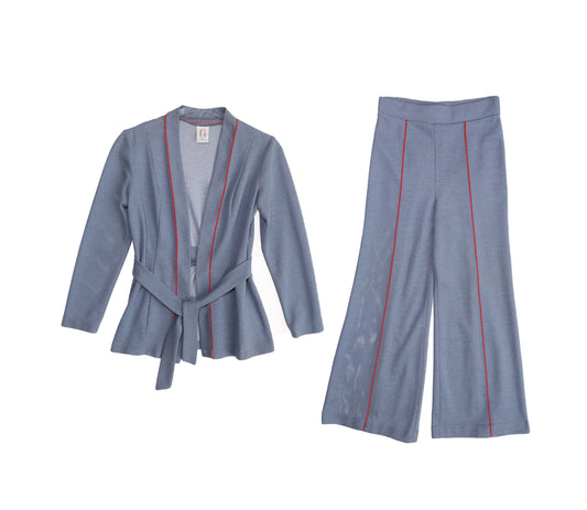 70s Women Blue Polyester Casual 2Piece Suit