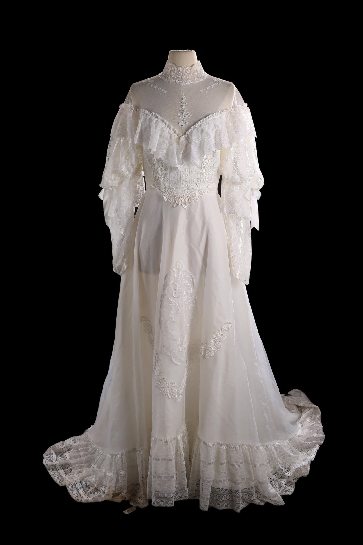 Vintage White Wedding Dress with Back Ruffled Lace Designs - All Stains Have Been Removed - Ask for Details if Needed
