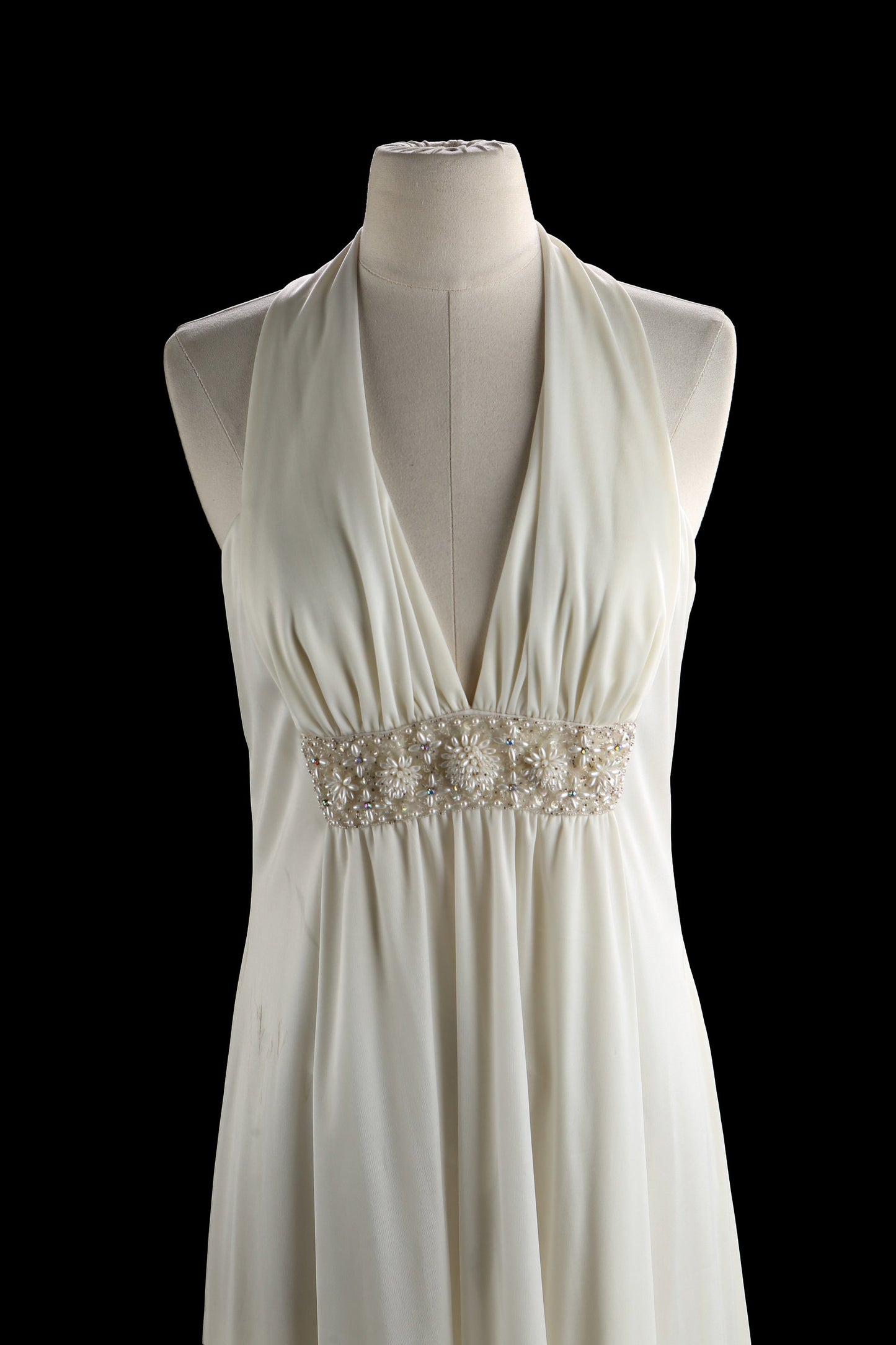 70s White Long Elegant Poly Dress by Dupis for Jack Bryan