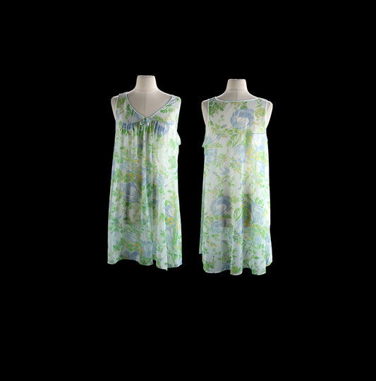 Vintage Women's Blue Floral Print Blouson Nightgown Dress