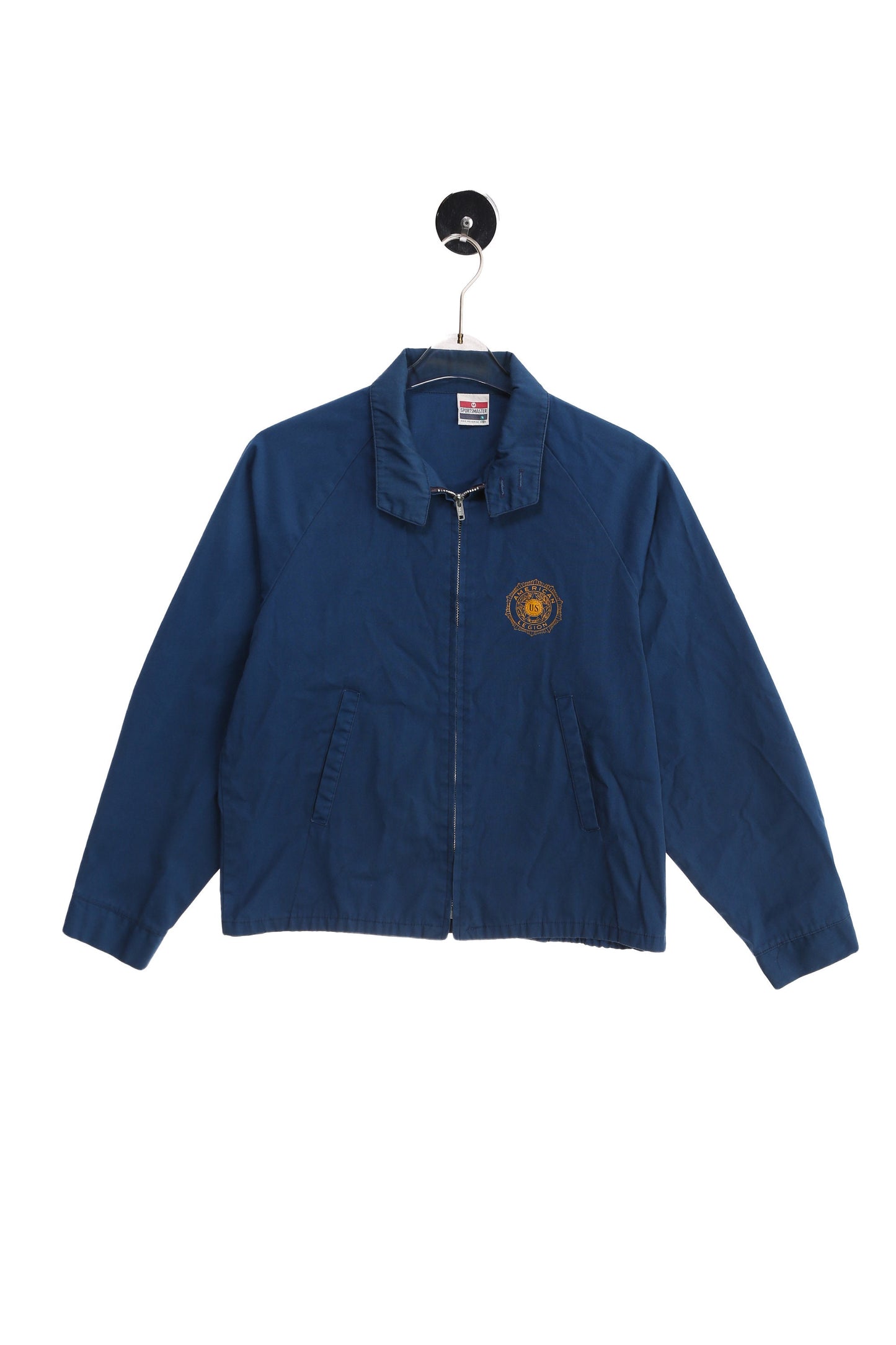 Vintage Men's Blue Work Jacket with US American Legion Yellow Print - Estimated Era 60s - 70s - Sportsmaster