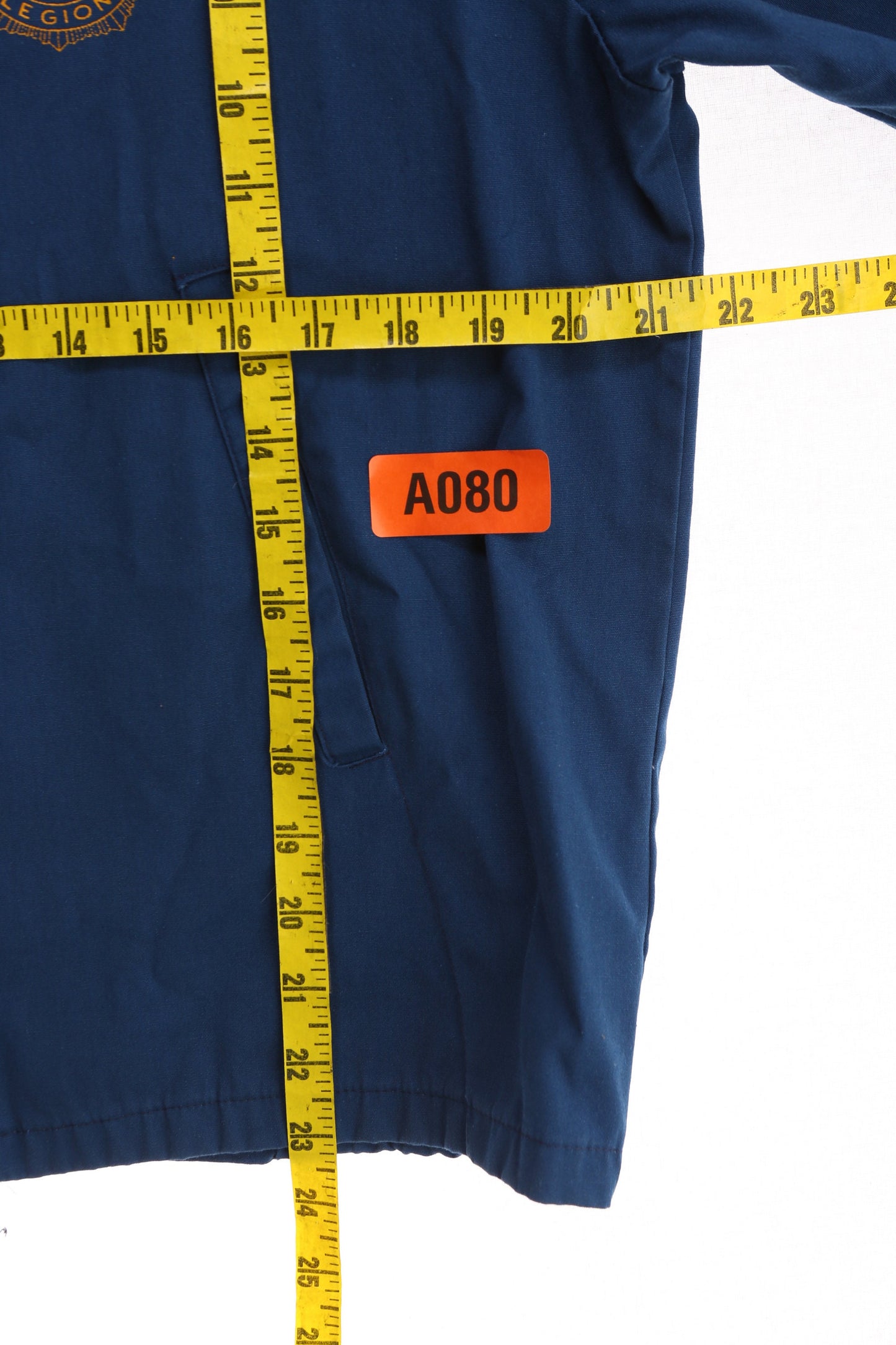 Vintage Men's Blue Work Jacket with US American Legion Yellow Print - Estimated Era 60s - 70s - Sportsmaster