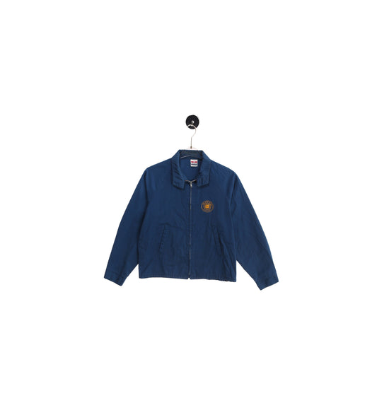 Vintage Men's Blue Work Jacket with US American Legion Yellow Print - Estimated Era 60s - 70s - Sportsmaster