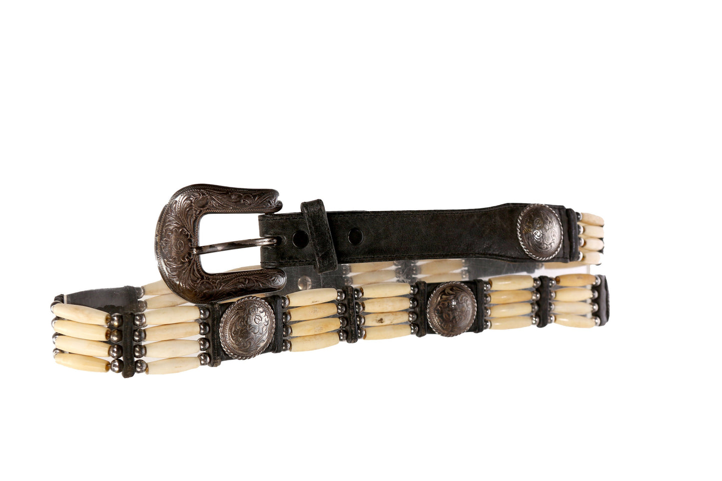 Vintage Black Western Belt with Bones Attachments and Steel Engraved Bel Buckle