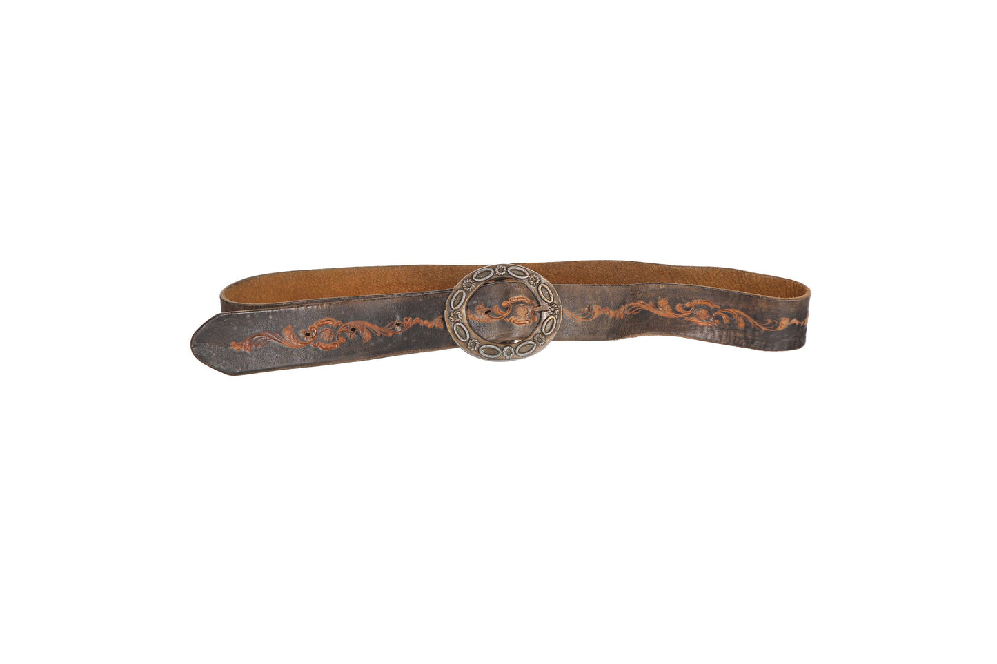 70s Tooled Leather Belt with Engraved Steel Belt Buckle