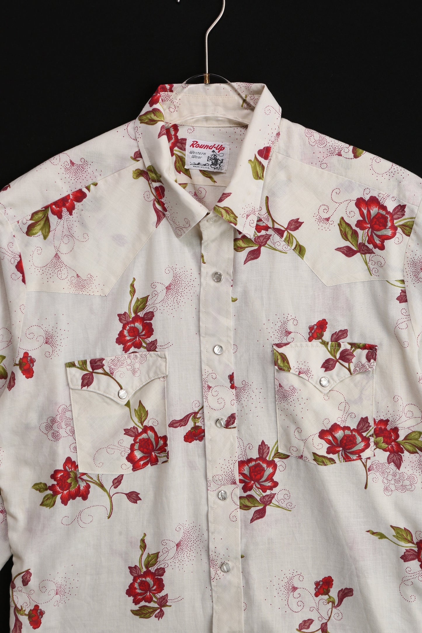 Vintage Western Shirt with Red Floral Print by Round - Up Western Wear - Made in USA - Estimated Era 1970's - 1980's