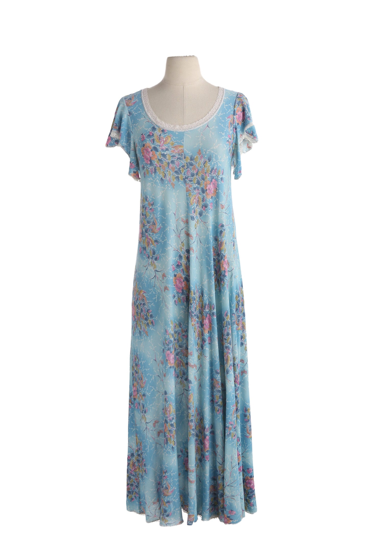 70s Floral Print Long Blue Poly Summer Dress