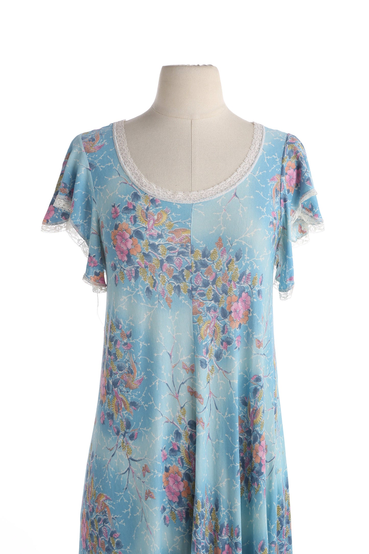 70s Floral Print Long Blue Poly Summer Dress