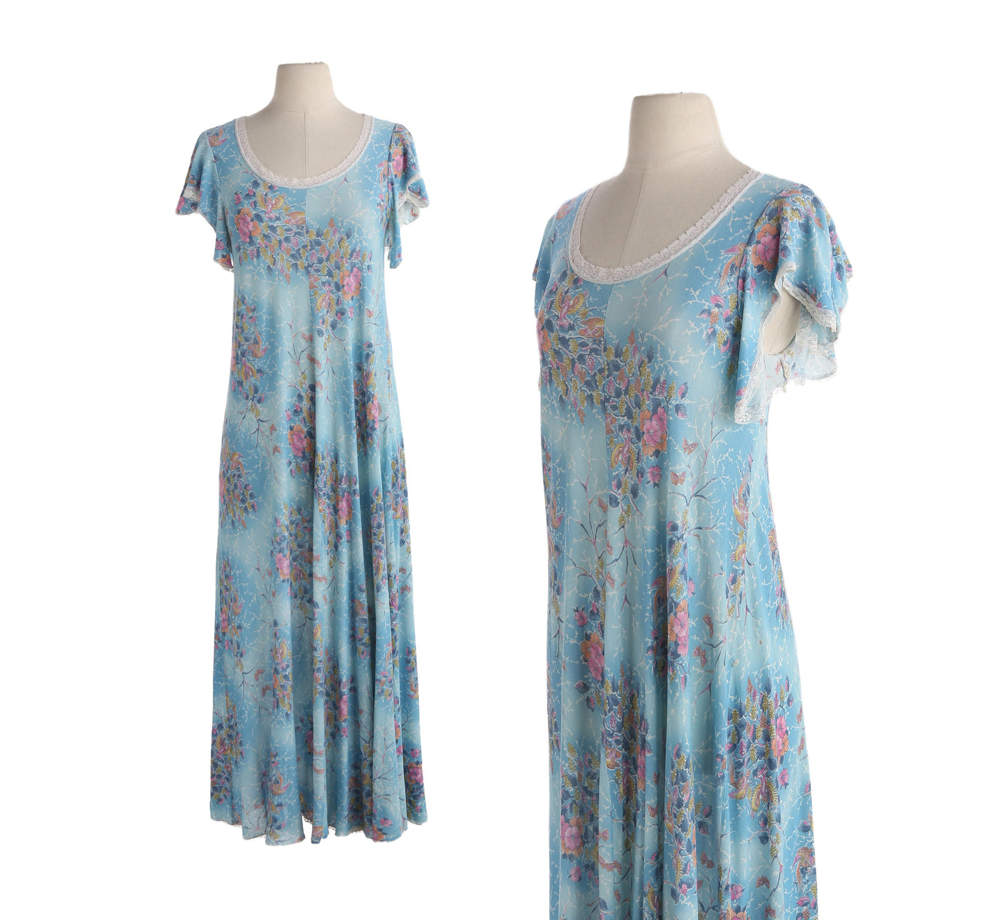70s Floral Print Long Blue Poly Summer Dress